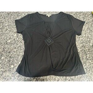 Choices Woman 1X Black Lightweight Embellished Gathered Work Blouse